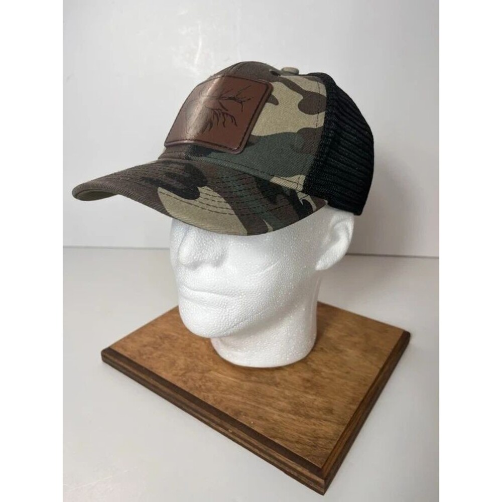 Camo Elk Hat Leather Patch No Name Mesh Trucker Adjustable Hunting Outdoors OSFM